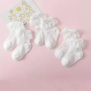 Детские кружевные носки весной и осенью, тонкие, кружевные, средней длины, белые танцевальные носки принцессы для девочек, летние детские носки, чистый хлопок S size 0-1 years old белый