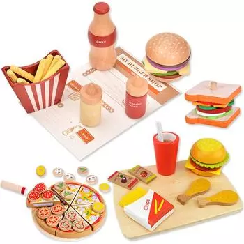 Детские кухонные игрушки, ролевые игры, набор для приготовления еды, деревянная имитация гамбургера, Пизы, картофеля фри, игра для резки, кухонная игрушка для девочек