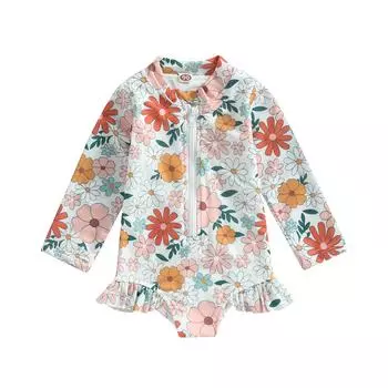 Детские купальники для маленьких девочек, 12 месяцев, 18 месяцев, 24 месяца, 3 года, 4 года, 5 лет, летние комбинезоны с длинными рукавами и оборками на молнии с цветочным принтом, купальники, пляжная одежда, купальные костюмы 2-3 Years белый