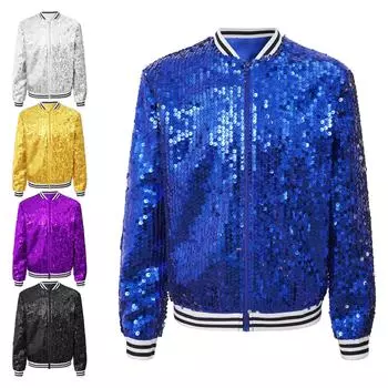 Детские куртки-бомберы с блестками для девочек, блестящая летная куртка с длинными рукавами на молнии, верхняя одежда, наряды в стиле хип-хоп 5-6 Years королевский синий