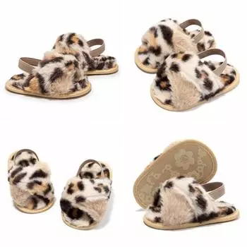 Детские леопардовые плюшевые сандалии, шлепанцы из искусственного меха для маленьких девочек, сандалии с открытым носком, нескользящая обувь для новорожденных, домашние и уличные тапочки для младенцев L