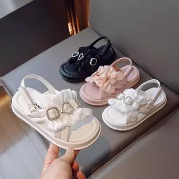 Детские летние модные сандалии принцессы для девочек, дышащая новая простая пляжная обувь на мягкой подошве с милым бантом и бриллиантами 27 белый