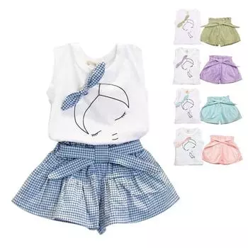 Детские летние наряды из 2 предметов для маленьких девочек, белая рубашка на бретельках для девочек, топы + комплект штанов в клетку XL(6Y) белый