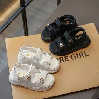 Детские летние пляжные сандалии, шикарные повседневные сандалии для девочек, однотонные черные детские модные спортивные сандалии в японском стиле с классической пряжкой 28 чёрный