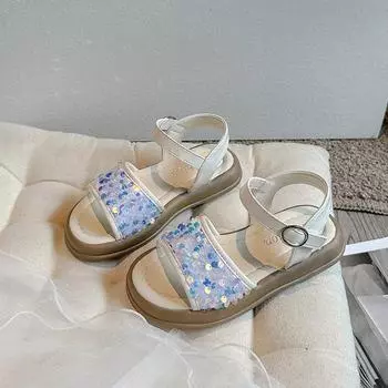 Детские летние сандалии 2024 года, новые милые туфли принцессы для девочек с блестящими пайетками, модная универсальная пляжная обувь для девочек на отдыхе 23 бежевый