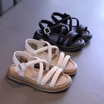 Детские летние сандалии 2024 года, новые пляжные сандалии с открытым носком для девочек, модные повседневные детские сандалии с толстой подошвой и вырезами для школы в римском стиле 26 чёрный