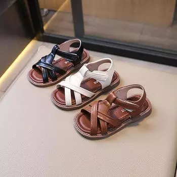 Детские летние сандалии 2024 года, новые повседневные пляжные туфли с открытым носком для девочек, модные детские сандалии на плоской подошве для мальчиков с перекрестными шнурками, нескользящие, универсальные 23 коричневый