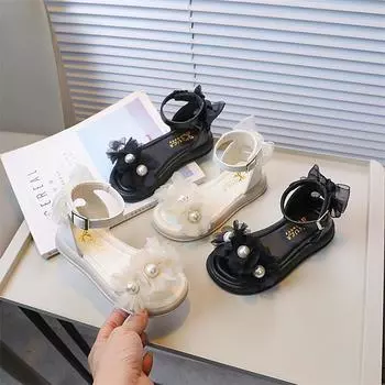 Детские летние сандалии Chic Bowtie Girl Princess Толстые пляжные сандалии Fashion Pearl Kids Causal с открытым носком Римские сандалии 26 чёрный