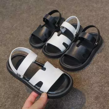 Детские летние сандалии для мальчиков и девочек, пляжная обувь, мягкая подошва, нескользящие детские повседневные тапочки, простые, универсальный размер 21-30 21 чёрный