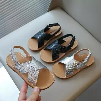 Детские летние сандалии для мальчиков и девочек из яркой ткани, модные унисекс-детские пляжные туфли на плоской подошве с перекрестными ремешками на щиколотке, популярные 21 серебряный