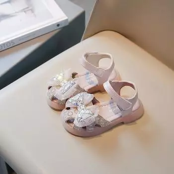 Детские летние сандалии с блестками и бантом Детские сандалии для девочек Модные стразы с вырезами Принцесса Повседневное платье Сандалии на плоской подошве 23 розовый