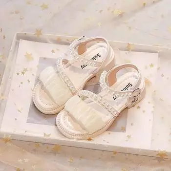Детские летние сандалии с милым жемчугом для девочек, милые плиссированные туфли принцессы, детская модная пляжная обувь для летних каникул 26 бежевый