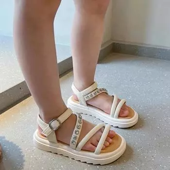 Детские летние сандалии, универсальные сандалии для девочек, роскошные сандалии со стразами, модные повседневные детские сандалии с открытым носком, черные пляжные сандалии с мягкой подошвой 26 бежевый
