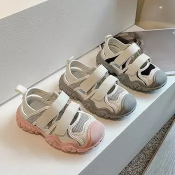 Детские летние спортивные сандалии в стиле пэчворк, универсальные, для мальчиков, для школы, повседневные, с вырезами, кроссовки, модные, для детей и девочек, сетчатые сандалии 26 чёрный