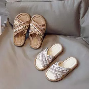 Детские летние тапочки для девочек Cross Princess Bohemian Shoes Retro Style Fashion Kids Causal Mules Beach Slippers Ethnique 26 бежевый