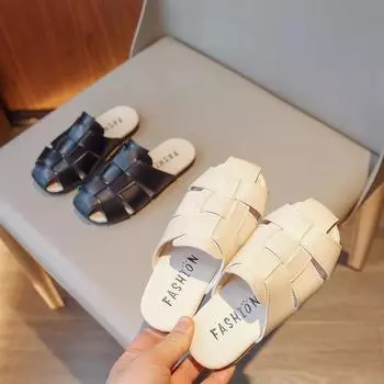 Детские летние тапочки для мальчиков и девочек, пляжные шлепанцы, модные, мягкие, тканые, с закрытым носком, противоскользящие, 2024, абсолютно новые, сандалии Tide на плоской подошве, популярные 23 чёрный