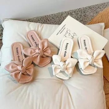 Детские летние тапочки, однотонные, для девочек, принцесс, элегантные, уличные туфли с бантом, детские тапочки на плоской подошве, нескользящие 21 бежевый