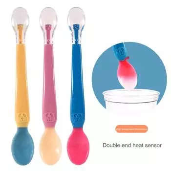 Детские ложки для кормления с гладкими краями, безвредные для десен, детская посуда, двусторонние детские силиконовые ложки с датчиком температуры для семьи розовый