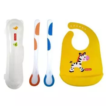 Детские ложки Fisher-Price с датчиком температуры (2 типа) + чехол + силиконовый нагрудник желтый, разные цвета, 1 комплект