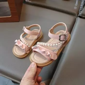 Детские милые сандалии 2024 года, новая мода, корейский выпуск, летние универсальные туфли принцессы для девочек с милой жемчужной мягкой подошвой, темперамент 21 бежевый