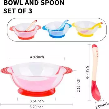 Детские миски с присоской, крышкой с защитой от проливания, ложкой с датчиком температуры, чашей бинаурального дизайна (Пакет из 3)