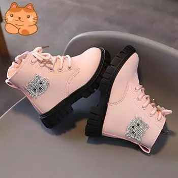 Детские модные ботинки, ботильоны для маленьких девочек со стразами и рисунком кота, нескользящие детские ботинки для верховой езды, повседневная обувь 21 розовый