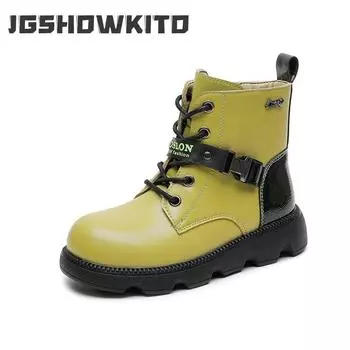 Детские модные ботинки, детские ботильоны, унисекс, для мальчиков и девочек, кожаные ботинки 2024 года, осень-зима, новые мотоциклетные ботинки с пряжкой и украшением 26 зелёный