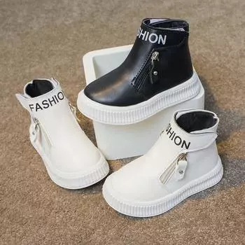 Детские модные ботинки для девочек, универсальные, с застежкой-молнией сбоку, с круглым носком, для мальчиков, спортивные ботинки, классические, однотонные, нескользящие, корейские, весенние, из ПУ 21 чёрный