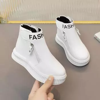 Детские модные ботинки, однотонные, нескользящие, с боковой молнией, с круглым носком, для мальчиков, спортивные ботинки, классические, короткие, кожаные ботинки 30 белый