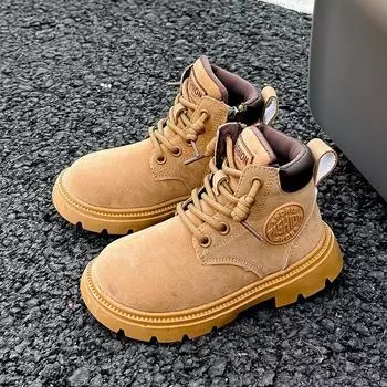 Детские модные ботинки с боковой молнией для мальчиков и девочек, ботильоны на толстой подошве, осень 2024 г., новые детские короткие ботинки с круглым носком, нескользящие 26 чёрный