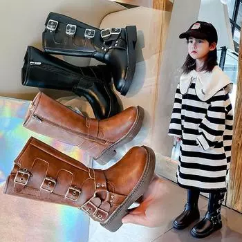 Детские модные длинные сапоги-трубы с флисом, зимние новые стильные черные джинсовые кожаные сапоги для девочек с боковой молнией, хлопковые сапоги в тренде 26 чёрный