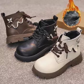Детские модные хлопковые ботинки в британском стиле с толстой подошвой и высокой посадкой, с плюшевой изоляцией, повседневные модные ботинки, ботинки средней длины 27 чёрный