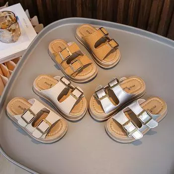 Детские модные тапочки с мягкой пряжкой для мальчиков и девочек, повседневная обувь, открытые детские летние пляжные тапочки, простые, нескользящие, однотонные 23 серебряный