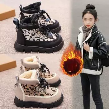 Детские модные зимние ботинки, зимние модные теплые ботинки с толстой подошвой для девочек из хлопка с леопардовым принтом, новые мягкие нескользящие повседневные удобные ботинки на мягкой подошве 27 абрикосовый