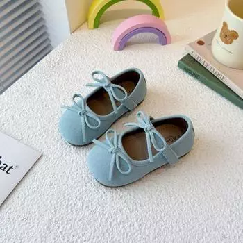 Детские мокасины с двойными бантами, туфли принцессы для девочек, однотонные конфетные цвета, с круглым носком, 2025 новинка, детская танцевальная обувь, обувь для выступлений, мягкая подошва 22 синий