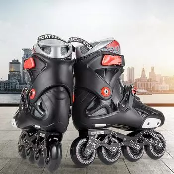 Детские мужские и женские регулируемые роликовые коньки с прямыми колесами, фигурные плоские коньки, взрослые начинающие однорядные коньки 36-38 чёрный