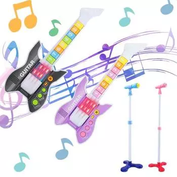 Детские музыкальные инструменты, игрушечная электрогитара с регулируемым по высоте ремешком, микрофон, атмосфера и гитарные световые песни фиолетовый