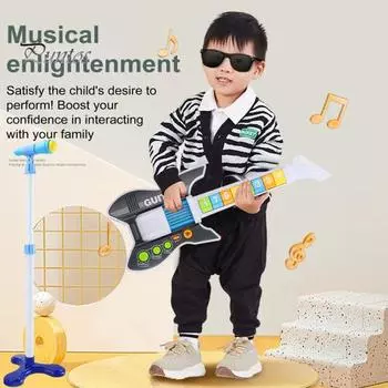 Детские музыкальные инструменты, игрушечная электрогитара с регулируемым по высоте ремнем, микрофонная стойка и гитара, световая подсветка, песни в комплекте, детское караоке фиолетовый