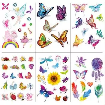 Детские наклейки для татуировок с блестками, золотой пылью, мультяшной бабочкой, радугой, насекомым, подсолнухом, набор цветов, милые наклейки 105*148MM