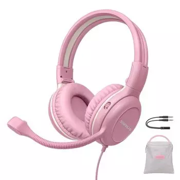 Детские наушники SIMOLIO с микрофоном для школы, проводные наушники с микрофоном для iPad, ПК, ноутбука, игровая розовая стереогарнитура со шнуром для девочек, детей, подростков