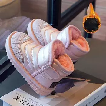 Детские непромокаемые кожаные зимние ботинки, новинка 2024 года, зимние теплые хлопковые ботинки для девочек, толстые бархатные ботинки, нескользящие ботильоны для мальчиков 26 чёрный