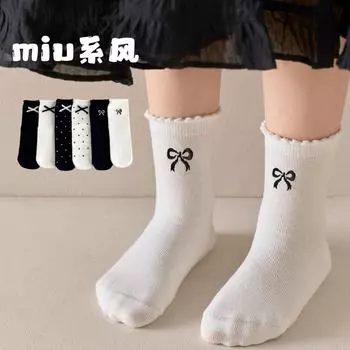 Детские носки без косточек Miu Wind Bow Combed Cotton Princess Wind Girls Cotton Socks Medium Tube Student Socks M size 3-5 years old