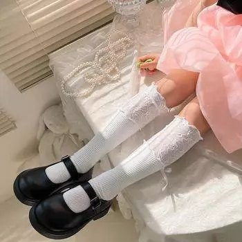Детские носки для детей от 3 до 8 лет, носки до середины икры с кружевным бантом для девочек, весенне-летние хлопковые дышащие ворсовые носки для девочек, тканевые