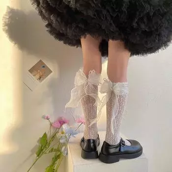 Детские носки для детей от 3 до 8 лет, носки до середины икры с кружевным бантом для девочек, весенне-летние хлопковые дышащие ворсовые носки для девочек, тканевые