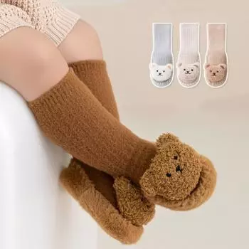 Детские носки для девочек и мальчиков, бархатные зимние утолщенные теплые носки с рисунком медведя для новорожденных, нескользящие мягкие носки для малышей, которые впервые ходят 11 хаки