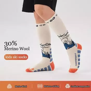 Детские носки для катания на лыжах из шерсти мериноса для девочек и мальчиков, теплые толстые дышащие носки для катания на лыжах и сноуборде L белый/оранжевый