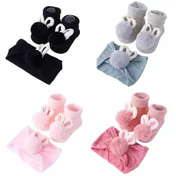 Детские носки и повязка на голову, нескользящие хлопковые носки для младенцев, носки с рисунком в виде шариков из волос и ушек кролика для девочек M