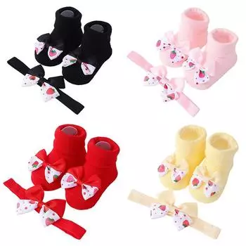Детские носки и повязка на голову, нескользящие носки для малышей, носки принцессы с бантом и принтом клубники для девочек M