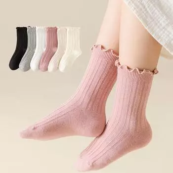 Детские носки из хлопка с двойной иглой, с вертикальными полосками и узором «грибок» для девочек, средние носки из хлопка, складывающиеся в стопку M size 3-5 years old