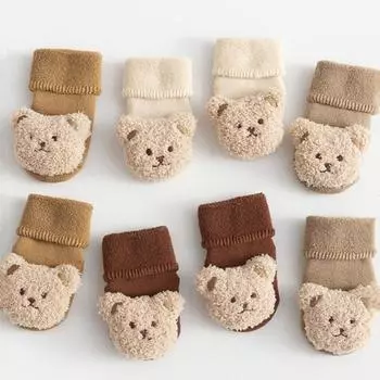 Детские носки из хлопка, толстые, теплые, уютные, милые, с рисунком медведя из мультфильма, для девочек и мальчиков, нескользящие, носки-тапочки S хаки